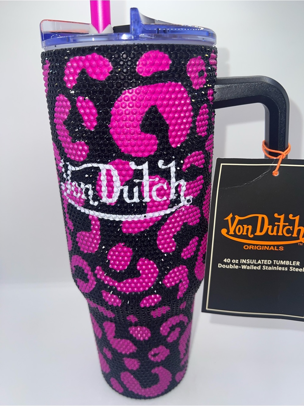 Von Dutch Leopard Print Rhinestone 40 oz Travel Tumbler Cup Handle With Lid NWT